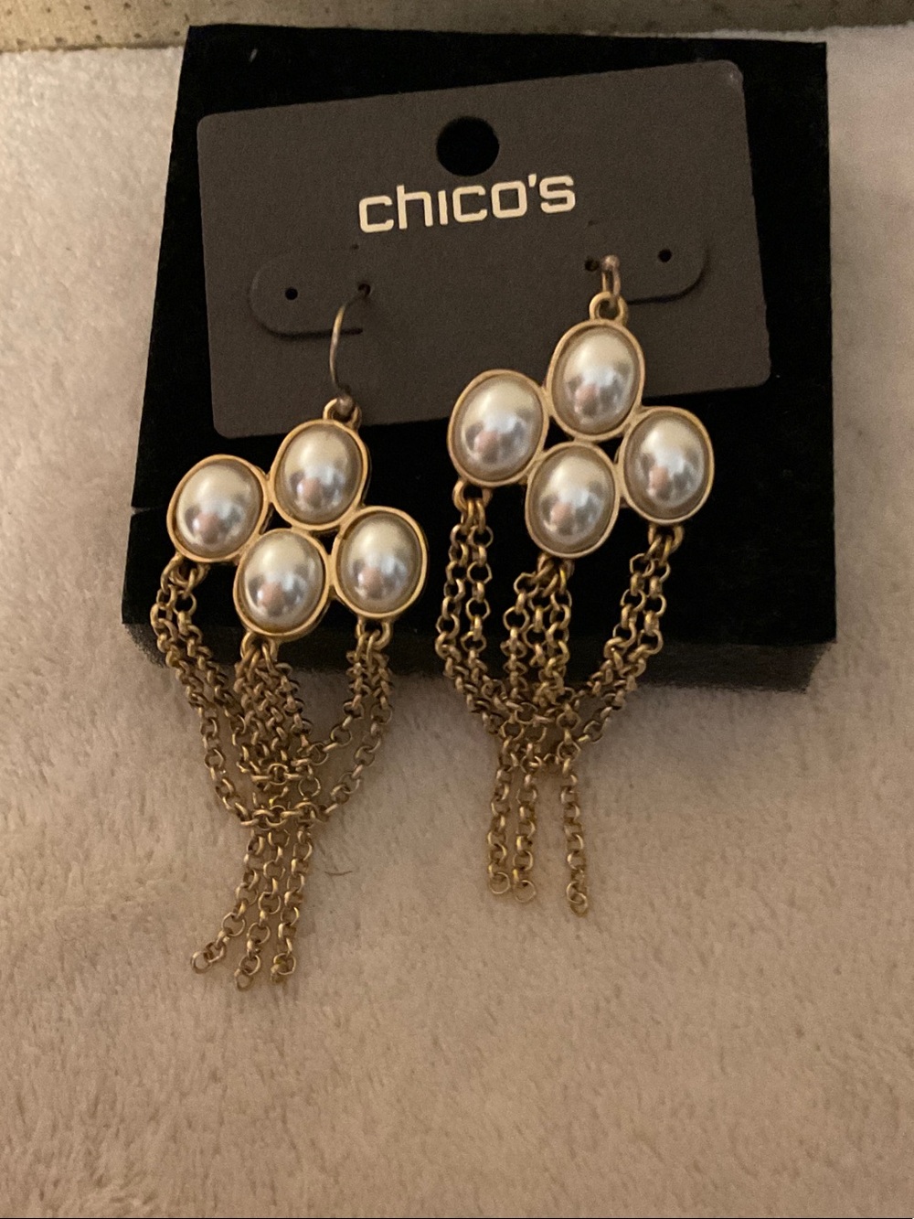 Chico's Gold-Tone Earrings with Pearl Cluster and Chain Tassels